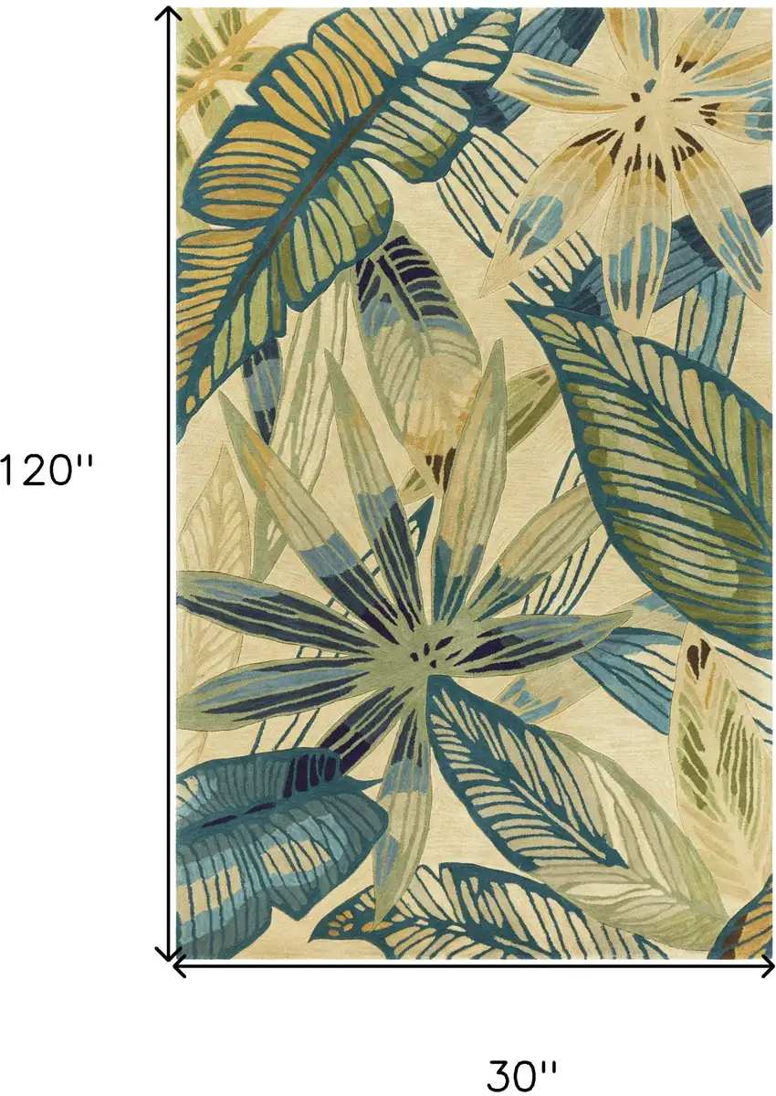 10' Ivory Hand Tufted Tropical Leaves Indoor Runner Rug Photo 6