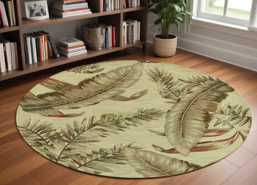 8' Ivory Hand Tufted Tropical Leaves Round Indoor Area Rug Photo 1