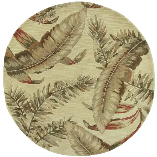 8' Brown Green And Red Wool Tropical Botanical Hand Tufted Round Rug Photo 1