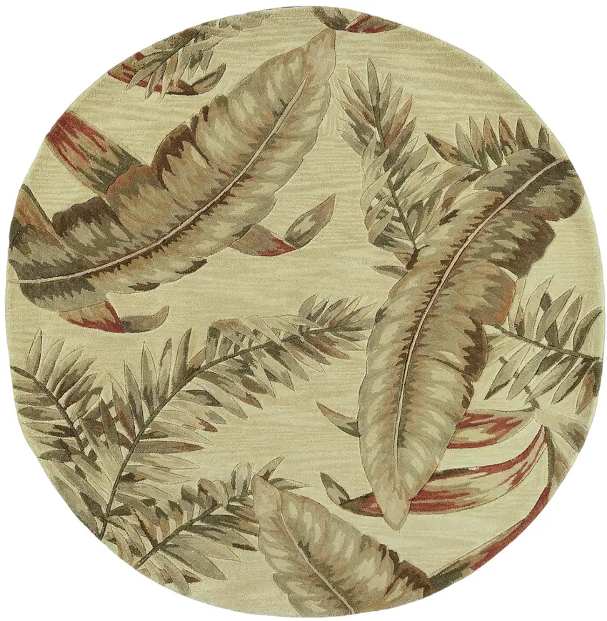 8' Brown Green And Red Wool Tropical Botanical Hand Tufted Round Rug Photo 1
