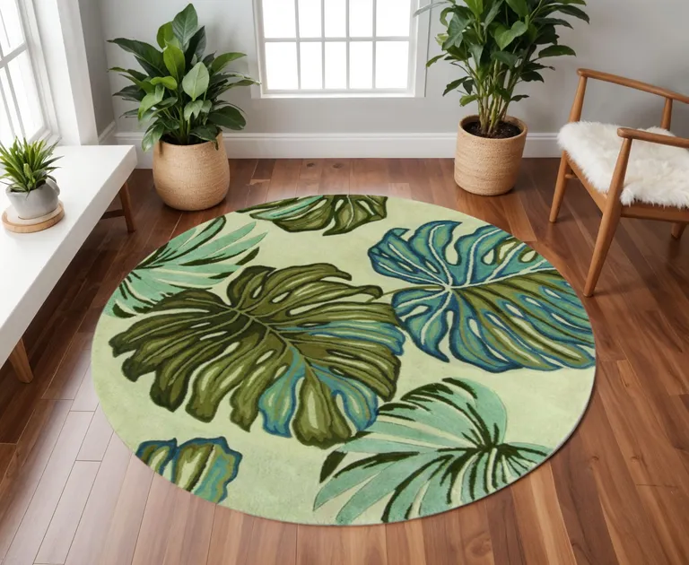 Ivory Hand Tufted Tropical Monstera Round Indoor Area Rug Photo 4