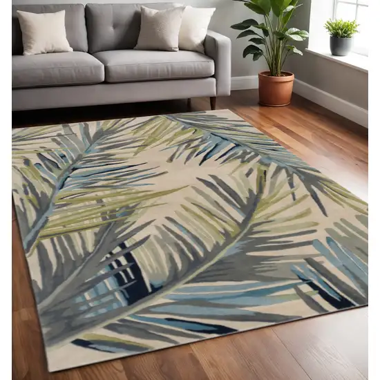 Ivory Blue And Green Wool Tropical Botanical Hand Tufted Area Rug Photo 1