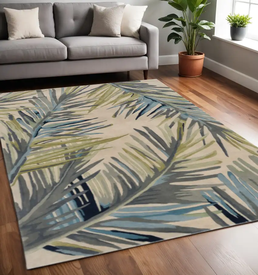 Ivory Blue And Green Wool Tropical Botanical Hand Tufted Area Rug Photo 1