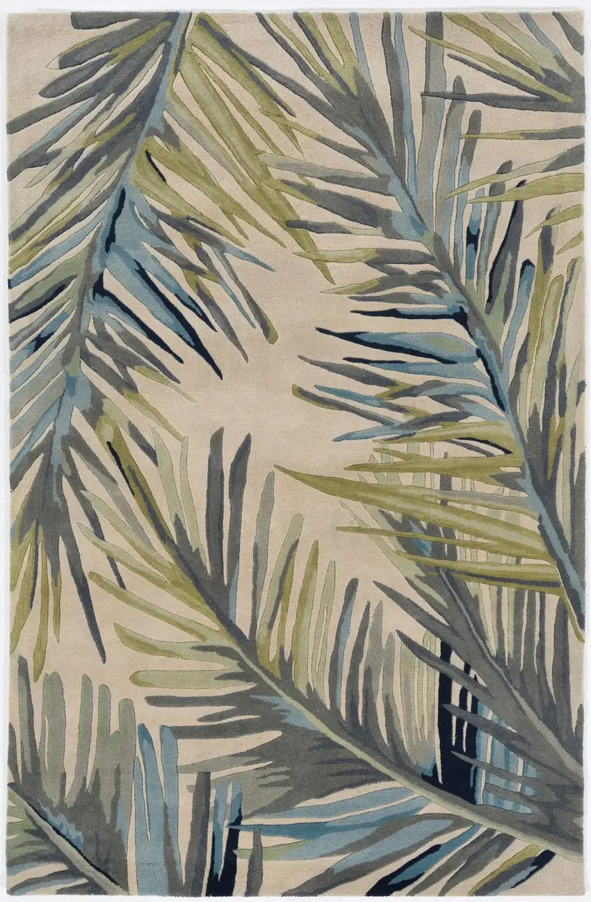 Ivory Blue And Green Wool Tropical Botanical Hand Tufted Area Rug Photo 5