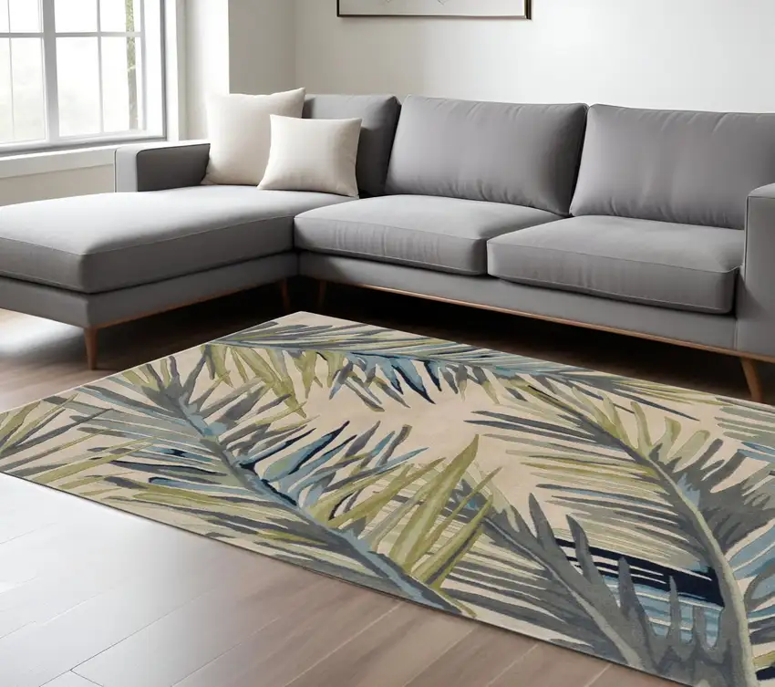 Ivory Blue And Green Wool Tropical Botanical Hand Tufted Area Rug Photo 2