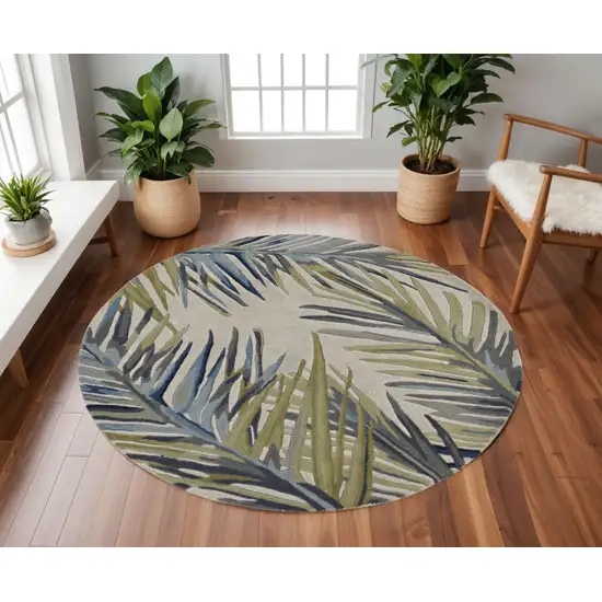 8' Ivory Blue And Green Wool Tropical Botanical Hand Tufted Round Rug Photo 1