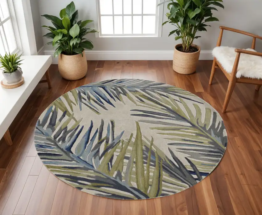 8' Ivory Blue And Green Wool Tropical Botanical Hand Tufted Round Rug Photo 1