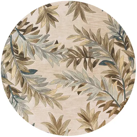 6' Ivory Brown And Blue Wool Botanical Leaves Hand Tufted Round Rug Photo 2