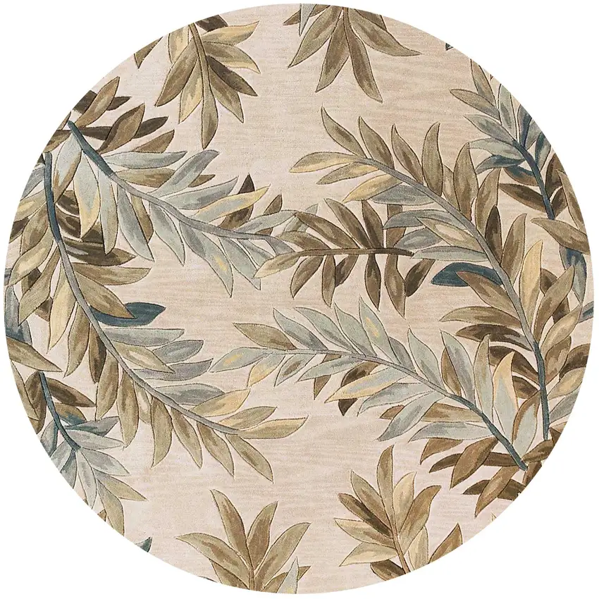 6' Ivory Brown And Blue Wool Botanical Leaves Hand Tufted Round Rug Photo 2