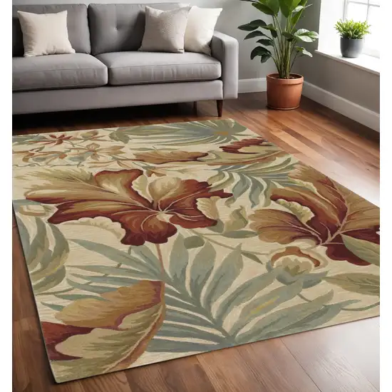 Ivory Green And Red Wool Tropical Botanical Hand Tufted Area Rug Photo 1