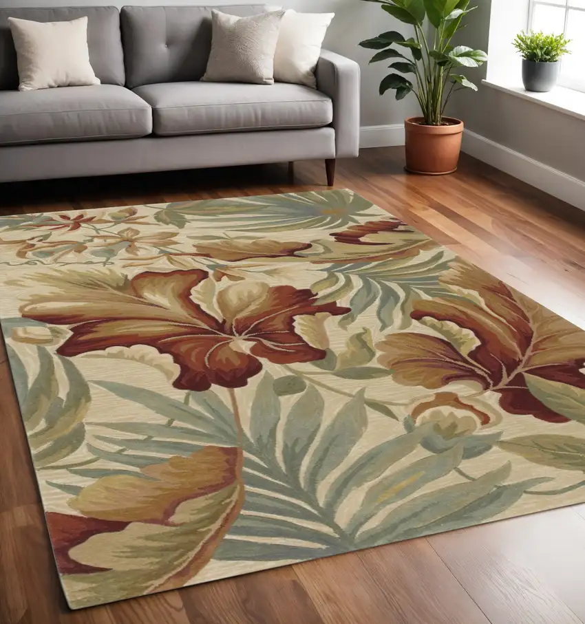 Ivory Green And Red Wool Tropical Botanical Hand Tufted Area Rug Photo 1