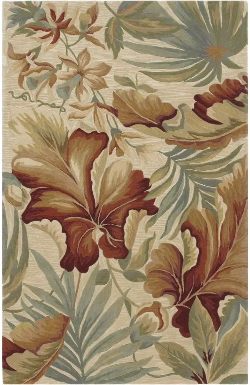 Ivory Green And Red Wool Tropical Botanical Hand Tufted Area Rug Photo 2