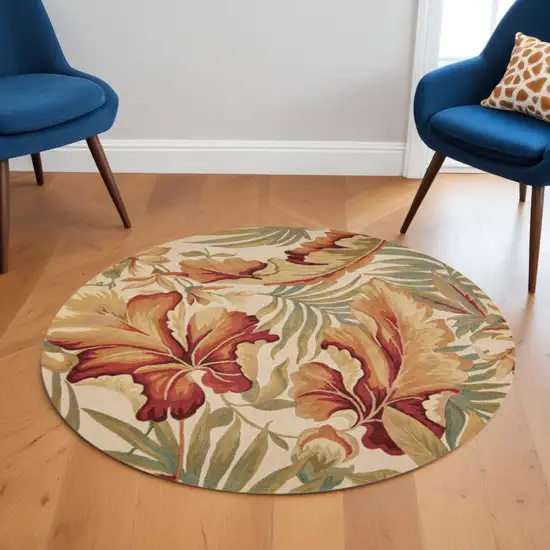 6' Ivory Green And Red Wool Tropical Botanical Hand Tufted Round Rug Photo 2