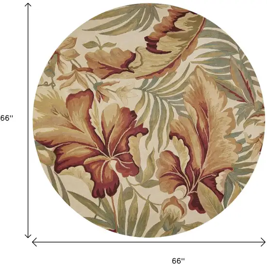 6' Ivory Green And Red Wool Tropical Botanical Hand Tufted Round Rug Photo 4