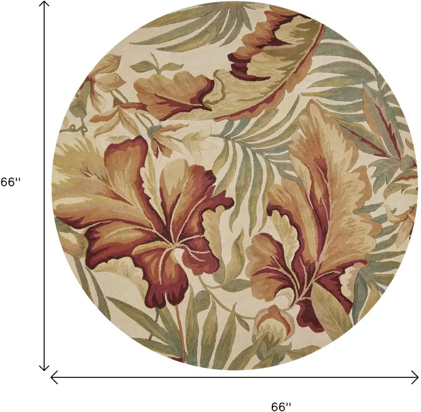 6' Ivory Green And Red Wool Tropical Botanical Hand Tufted Round Rug Photo 4