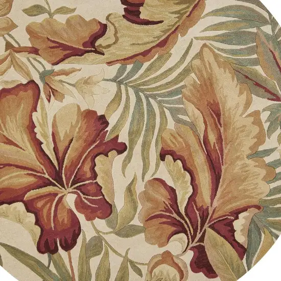 6' Ivory Green And Red Wool Tropical Botanical Hand Tufted Round Rug Photo 3