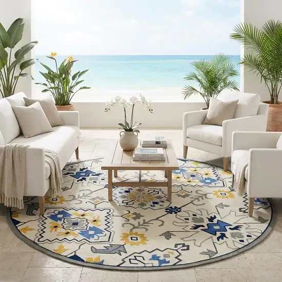 8' Ivory Round Abstract Indoor Outdoor Area Rug Photo 1