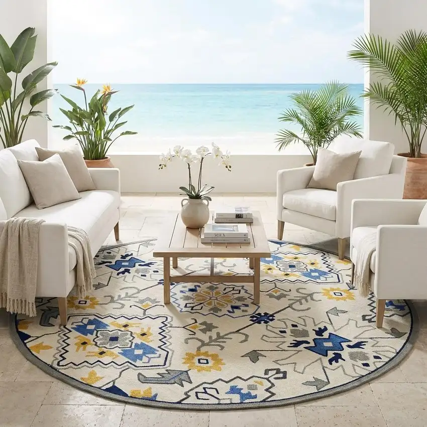 8' Ivory Round Abstract Indoor Outdoor Area Rug Photo 1
