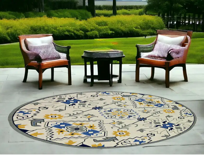 8' Ivory Hand Woven Uv Treated Geometric Traditional Round Indoor Outdoor Area Rug Photo 1