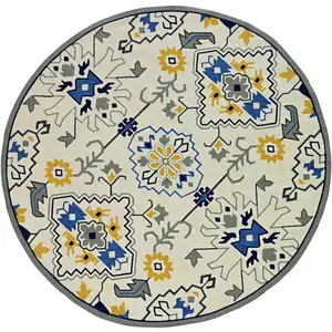 Photo of Ivory Hand Woven UV Treated Geometric Traditional Round Indoor Outdoor Area Rug