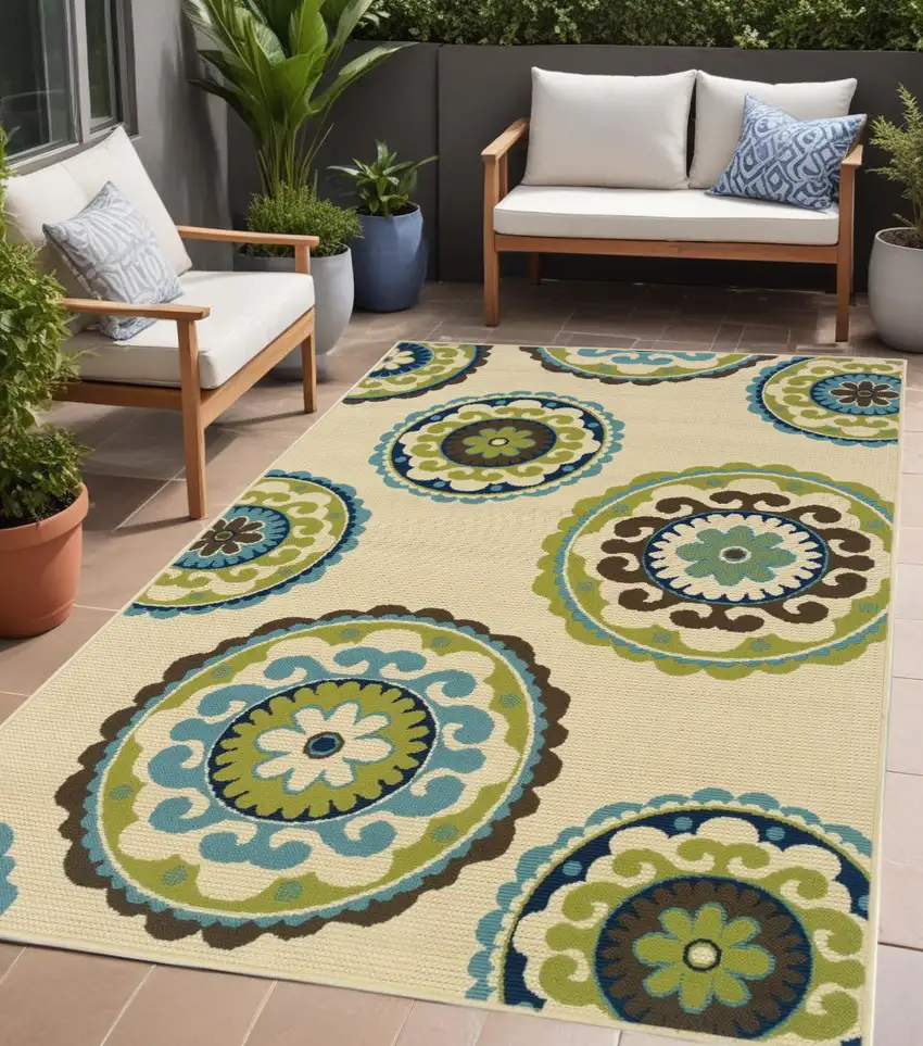Green and Ivory Floral Indoor Outdoor Area Rug Photo 1