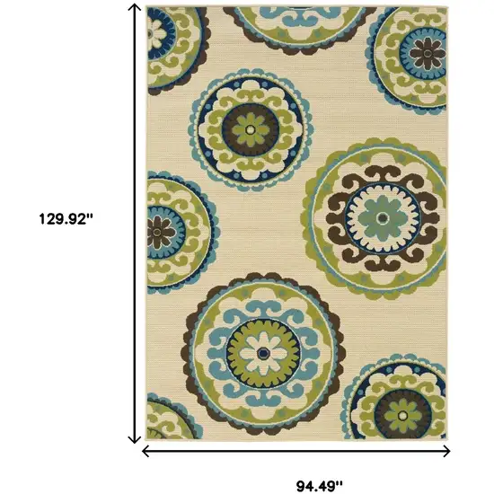 Ivory Indigo And Lime Green Floral Medallion Indoor Outdoor Area Rug Photo 7