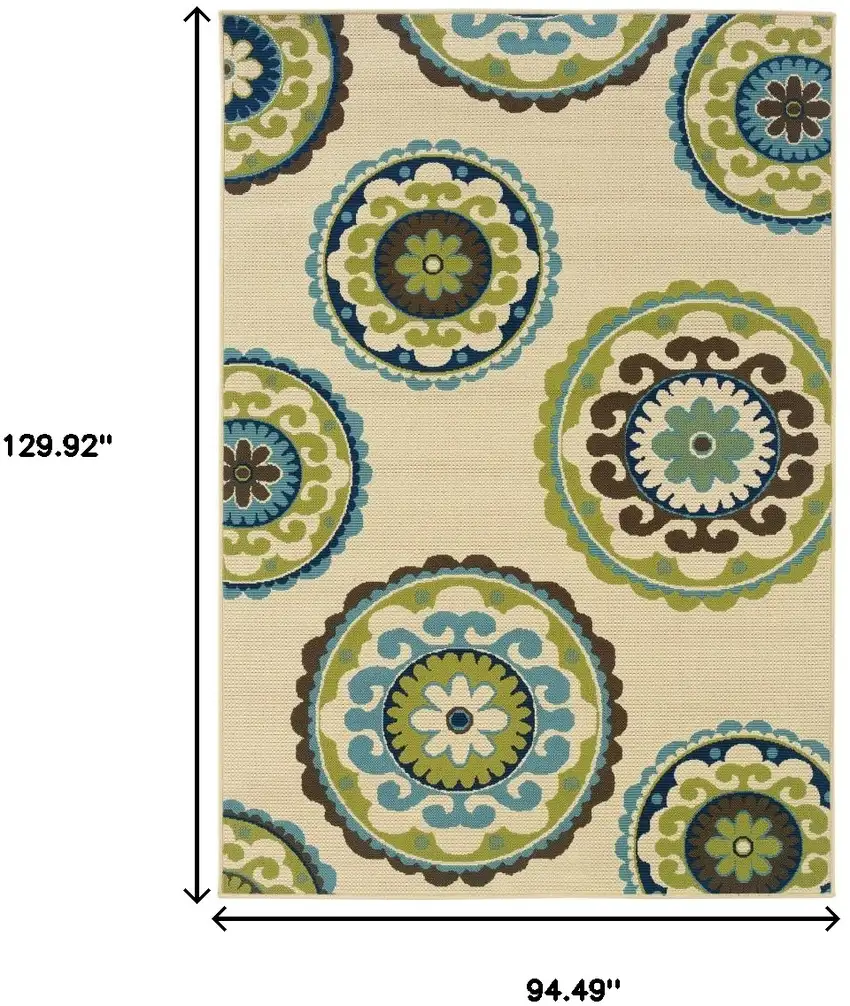 Ivory Indigo And Lime Green Floral Medallion Indoor Outdoor Area Rug Photo 7