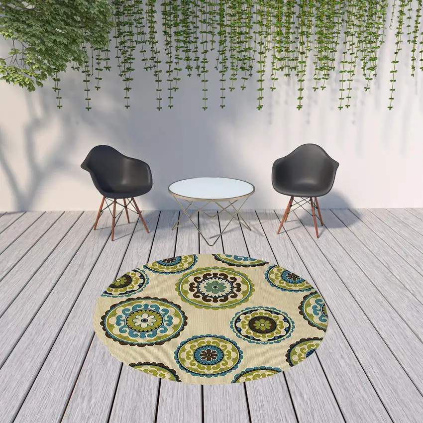Ivory Indigo and Lime Medallion Disc Indoor Outdoor Area Rug Photo 5