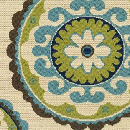Ivory Indigo And Lime Green Floral Medallion Indoor Outdoor Area Rug Photo 3