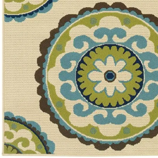 Ivory Indigo And Lime Green Floral Medallion Indoor Outdoor Area Rug Photo 4