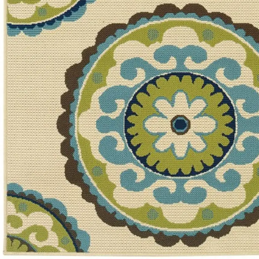 Ivory Indigo And Lime Green Floral Medallion Indoor Outdoor Area Rug Photo 4