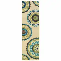 Photo of Ivory Indigo and Lime Medallion Disc Indoor Outdoor Runner Rug