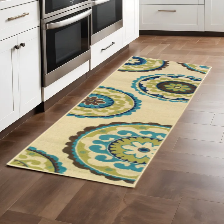 Ivory Indigo and Lime Medallion Disc Indoor Outdoor Runner Rug Photo 5