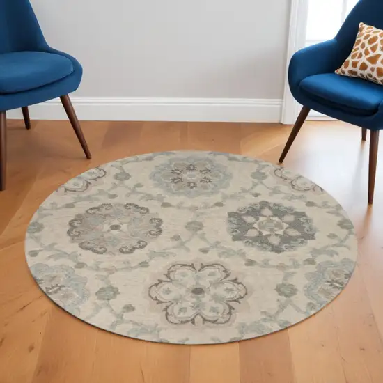 5' Blue And Ivory Round Wool Hand Tufted Area Rug Photo 1
