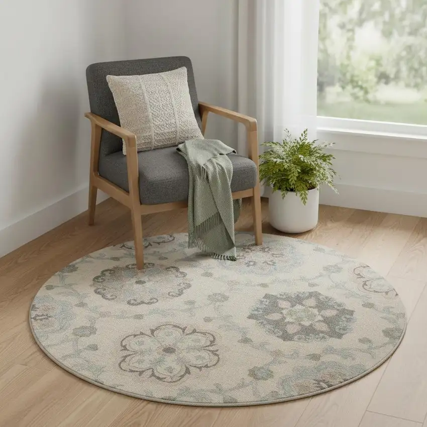 5' Blue And Ivory Round Wool Hand Tufted Area Rug Photo 1