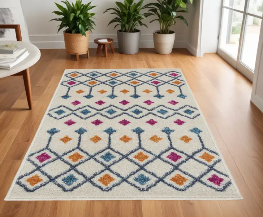 Blue And Ivory Geometric Dhurrie Area Rug Photo 1