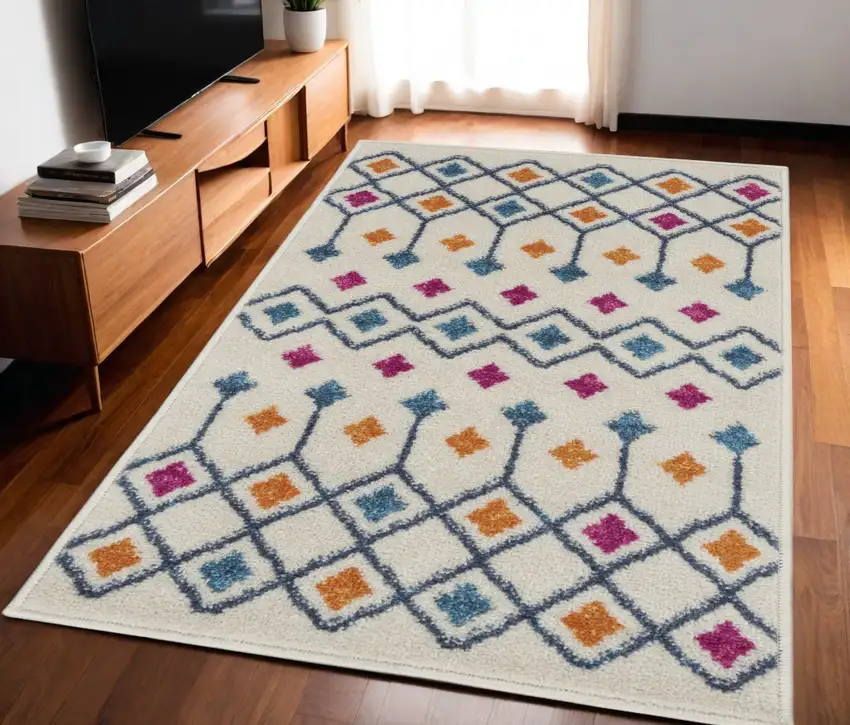 Blue And Ivory Geometric Dhurrie Area Rug Photo 1