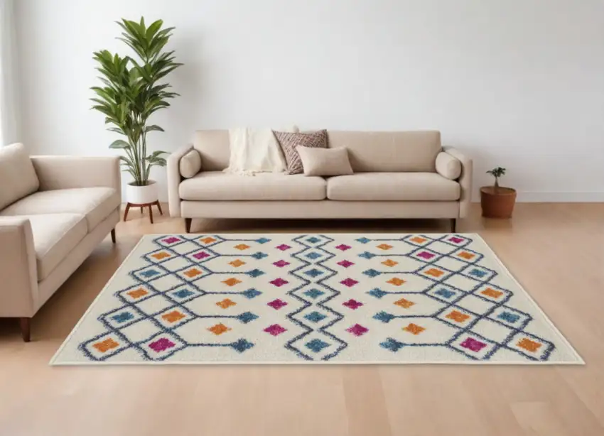 Ivory And Blue Geometric Area Rug Photo 2