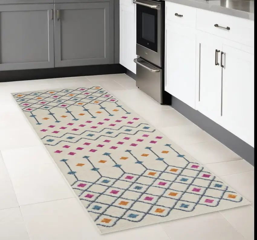 8' Blue And Ivory Geometric Dhurrie Runner Rug Photo 1