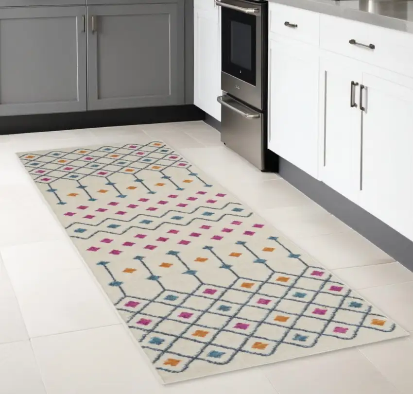 8' Ivory And Blue Geometric Runner Rug Photo 2