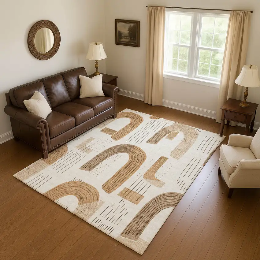 Ivory Khaki And Beige Geometric Washable Area Rug With UV Protection Photo 2