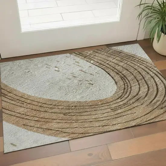 Ivory Khaki And Beige Geometric Washable Area Rug With UV Protection Photo 2
