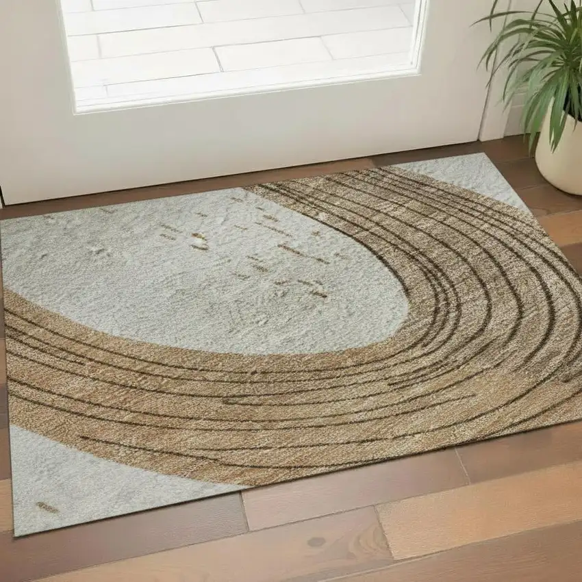 Ivory Khaki And Beige Geometric Washable Area Rug With UV Protection Photo 2