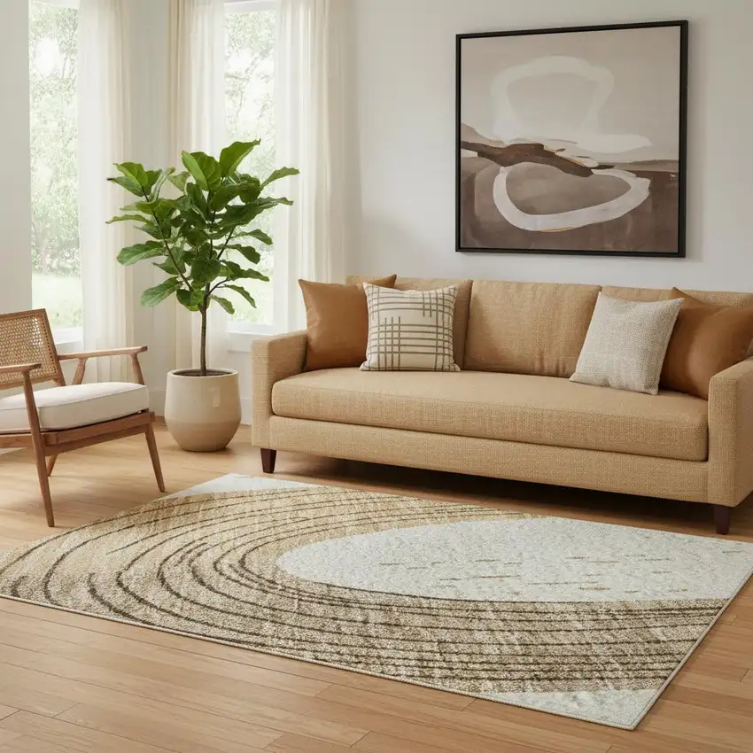 Ivory Khaki And Beige Geometric Washable Area Rug With UV Protection Photo 2