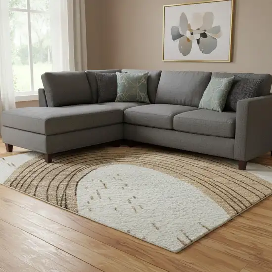 Ivory Khaki And Beige Geometric Washable Area Rug With UV Protection Photo 2