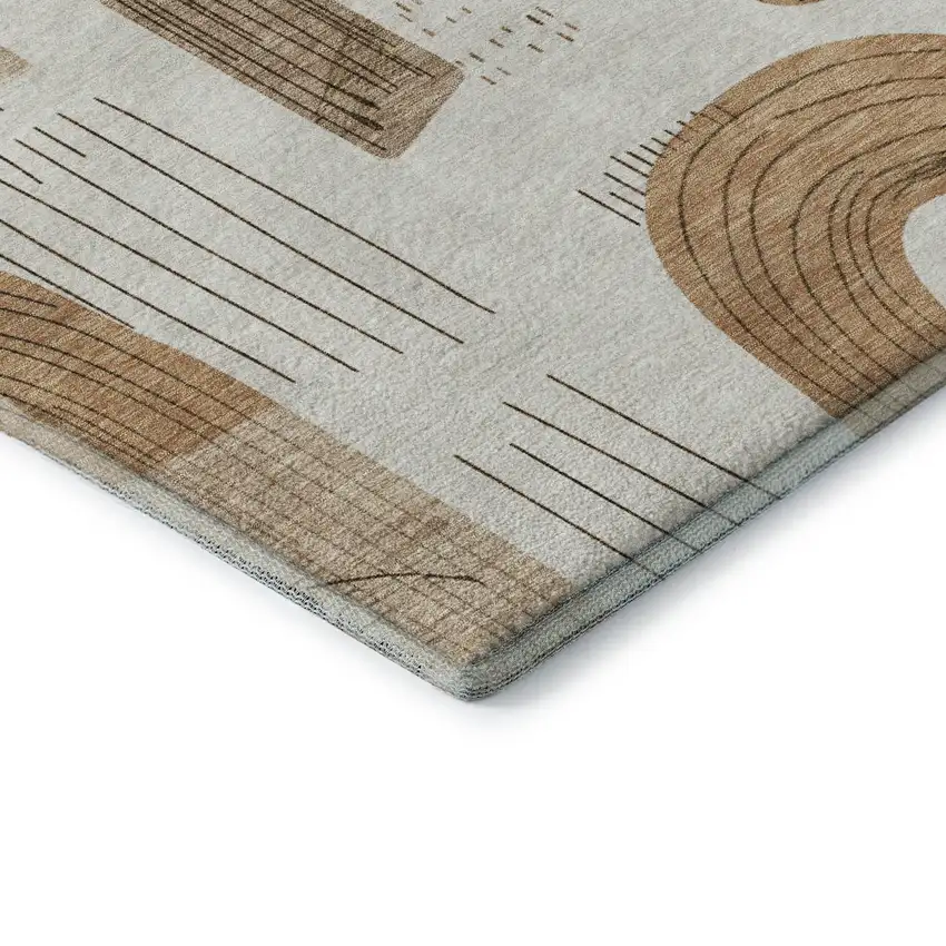 Ivory Khaki And Beige Geometric Washable Area Rug With UV Protection Photo 6