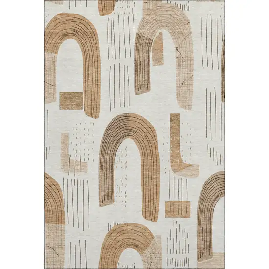 Ivory Khaki And Beige Geometric Washable Area Rug With UV Protection Photo 4