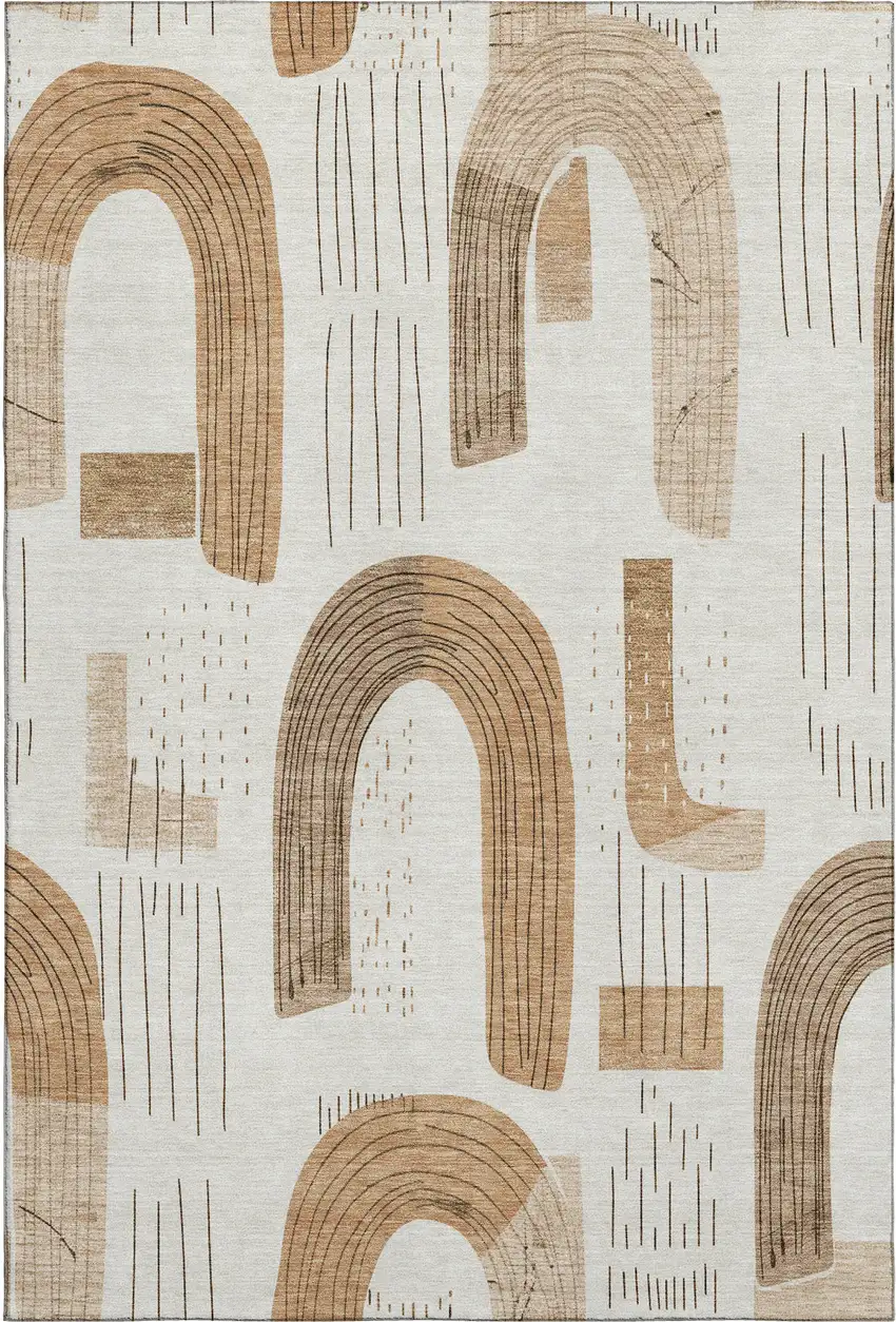 Ivory Khaki And Beige Geometric Washable Area Rug With UV Protection Photo 4