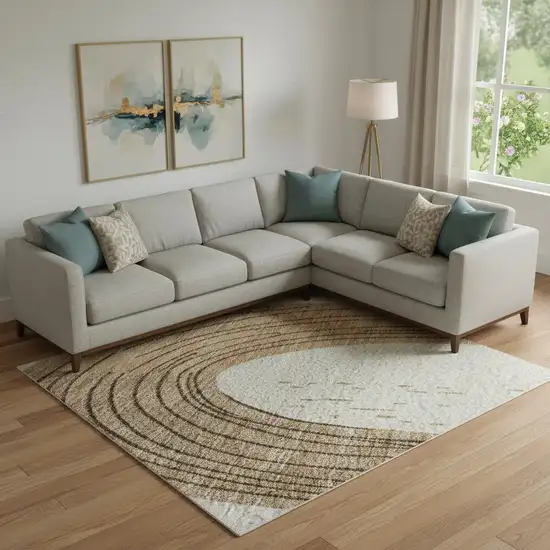 Ivory Khaki And Beige Geometric Washable Area Rug With UV Protection Photo 2