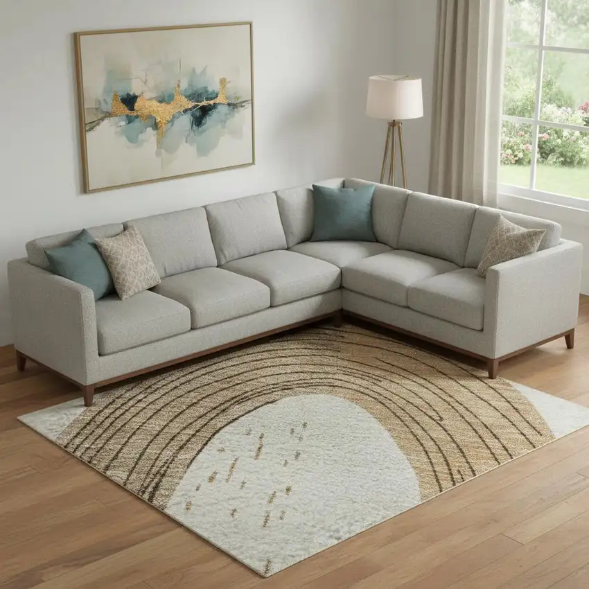 Ivory Khaki And Beige Geometric Washable Area Rug With UV Protection Photo 2